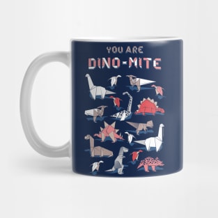 Origami dino friends // quote you're dino-mite // navy blue background red white and beige dinosaurs Mug